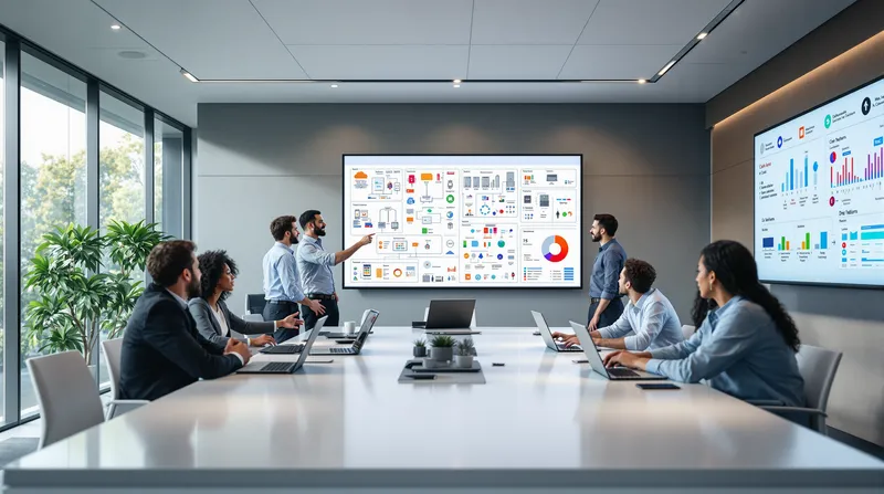 Equipo de consultores discutiendo un diseño de infraestructura tecnológica en una sala de reuniones