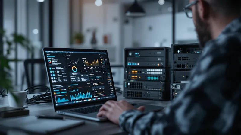 Ingeniero optimizando una red en una computadora con métricas de rendimiento en pantalla