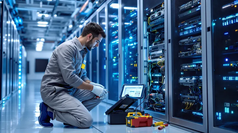 Técnico reparando un servidor físico en un centro de datos